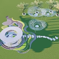 Creative Modern Pergola Design with Circular Structures Green Lawn and Trees 3d model
