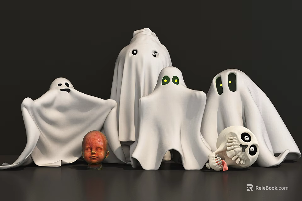 Halloween Decorative Ornament Set with White Ghosts Red Head and Skeleton Head 3d model 