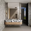 Elegant Modern Bathroom Interior With Marble Walls Bathtub Shower And Large Scenic Window View