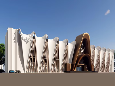 Modern Storefront Facade With White Curved Panels And Brown Archway Design 3d model