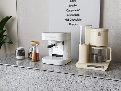 Coffee Beverage Station With Modern Coffee Machines Glass Jars And Green Plant On Kitchen Countertop 3d model