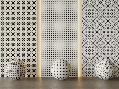 Black and White Floor Tiles With Various Geometric Patterns And Decorative Spheres 3d model