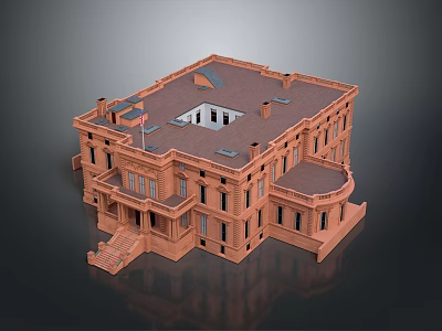 Large Red Brick Building 3D Model With Balconies Windows Steps And Skylight 3d model