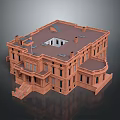 Large Red Brick Building 3D Model With Balconies Windows Steps And Skylight 3d model