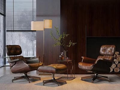 Two Leather Lounge Chairs With Ottoman Floor Lamp And Wooden Wall Interior 3d model
