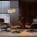 Two Leather Lounge Chairs With Ottoman Floor Lamp And Wooden Wall Interior