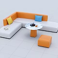 Casual Sofa Set Orange White With Yellow Blue Cushions Round Marble Table And Orange Ottoman