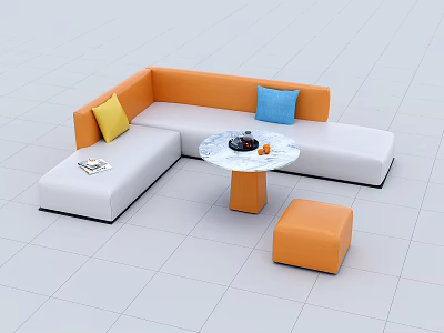 Casual Sofa Set Orange White With Yellow Blue Cushions Round Marble Table And Orange Ottoman 3d model