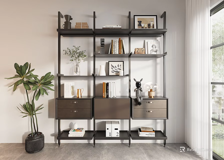 Modern Multi Tiered Storage Shelf Unit With Books Decorative Items And Drawers 3d model 