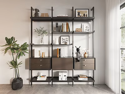 Modern Multi Tiered Storage Shelf Unit With Books Decorative Items And Drawers 3d model