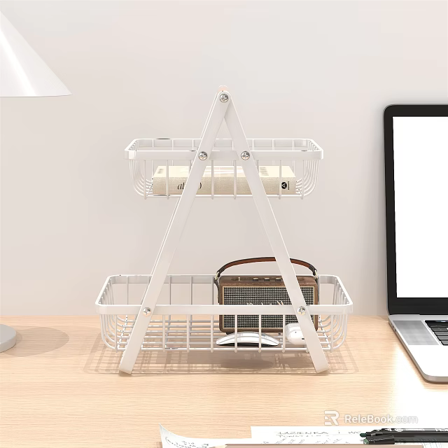 White Two Tier Metal Storage Rack With Wire Baskets For Desk Organizing 3d model 