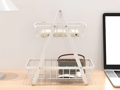 White Two Tier Metal Storage Rack With Wire Baskets For Desk Organizing 3d model