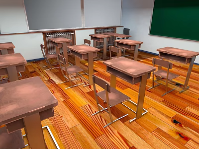 Classroom Interior Scene With Wooden Floor Desks Chairs And Green Blackboard 3d model
