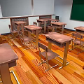 Classroom Interior Scene With Wooden Floor Desks Chairs And Green Blackboard