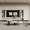 Modern Living Room Interior With TV Wall Built-in Cabinets White Sofa And Round Coffee Tables