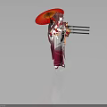 Female Character In Traditional Outfit Holding Red Umbrella With Three Swords Behind Back