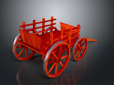 Red Wooden Wagon With Four Spoked Wheels And Open Wooden Rails 3d model