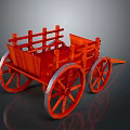 Red Wooden Wagon With Four Spoked Wheels And Open Wooden Rails