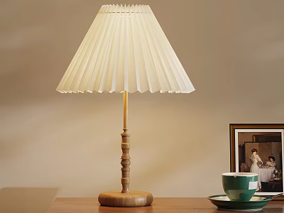 White Pleated Table Lamp With Wooden Base Green Cup And Photo Frame On Tabletop 3d model