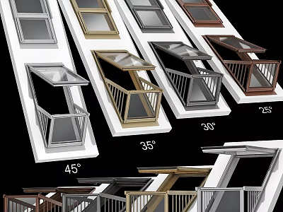 Diverse Angled Balcony Window Designs Featuring 45 35 30 25 Degrees And Various Colors 3d model