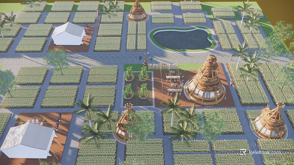 Scenic Campsite With Arranged Camping Sites Central Pond Palm Trees And Conical Structures 3d model 
