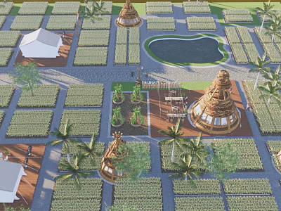 Scenic Campsite With Arranged Camping Sites Central Pond Palm Trees And Conical Structures 3d model