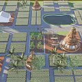 Scenic Campsite With Arranged Camping Sites Central Pond Palm Trees And Conical Structures