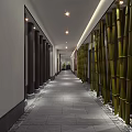 Elegant Hotel Corridor Interior With Bamboo Decor Stone Tile Floor And Ceiling Lights 3d model