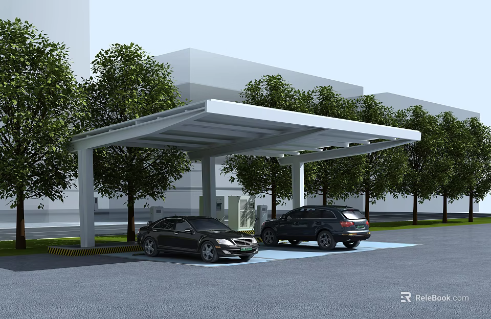 Modern Parking Lot With White Canopy Parked Cars Trees And Building Background 3d model 