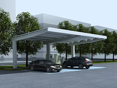 Modern Parking Lot With White Canopy Parked Cars Trees And Building Background 3d model