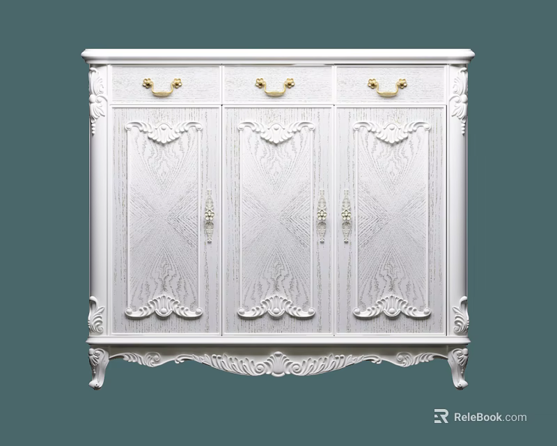 White European Style Carved Shoe Cabinet with Golden Handles Three Drawers and Decorative Doors 3d model 