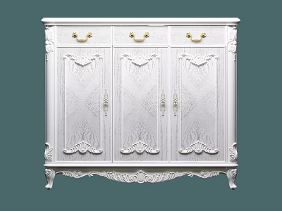 White European Style Carved Shoe Cabinet with Golden Handles Three Drawers and Decorative Doors 3d model