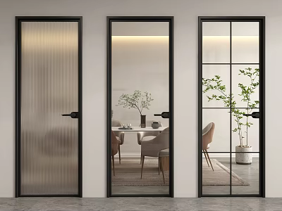Contemporary Hinged Doors With Various Glass Patterns And Black Frames In Modern Interior 3d model