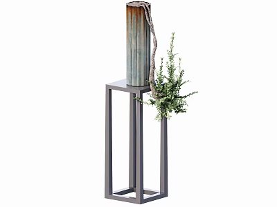 Decorative Bonsai Potted Plant on Square Metal Stand with Green Foliage 3d model