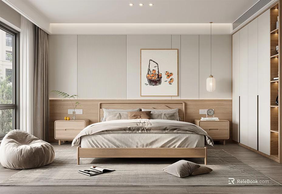 Modern Minimalist Bedroom Interior With Wooden Bed Decorative Painting Nightstands And Soft Carpet 3d model 