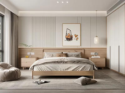 Modern Minimalist Bedroom Interior With Wooden Bed Decorative Painting Nightstands And Soft Carpet 3d model