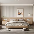 Modern Minimalist Bedroom Interior With Wooden Bed Decorative Painting Nightstands And Soft Carpet