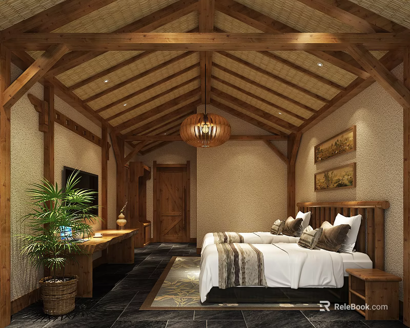 Rustic Hotel Guest Room with Wooden Ceiling Hanging Lantern and Cozy Bed 3d model 