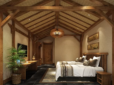 Rustic Hotel Guest Room with Wooden Ceiling Hanging Lantern and Cozy Bed 3d model