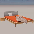 Modern Double Bed with Orange Mattress Silver Headboard Wooden Nightstand and Geometric Blanket