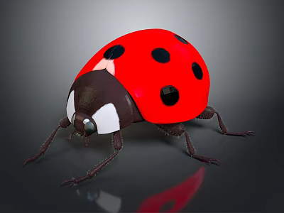 Red Ladybug With Black Spots And White Eye Area On Gray Reflective Surface 3d model