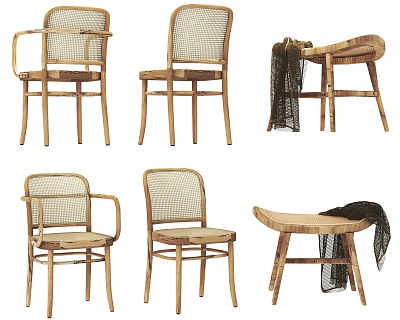Natural Style Wooden Dining Chairs With Woven Backrest And Seat Design 3d model