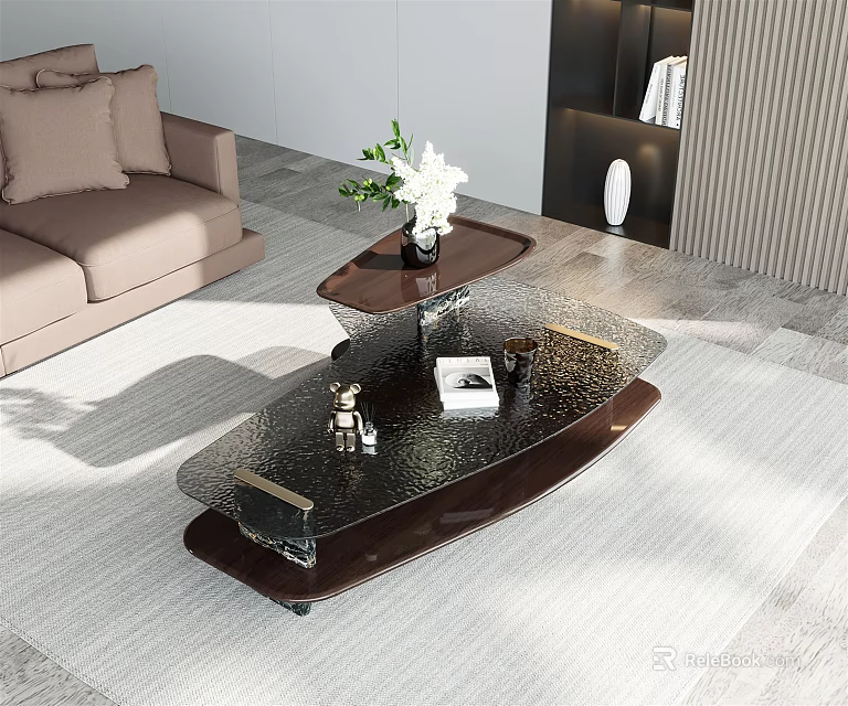 Modern Double Layered Coffee Table With Glass Top Dark Base And Decorative Items 3d model