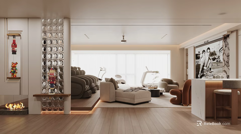 Modern Home Theater Room With Comfortable Sofas Recliner Chairs Glass Partition Wooden Flooring White Curtains 3d model 