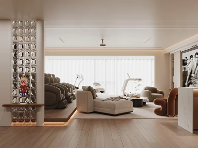 Modern Home Theater Room With Comfortable Sofas Recliner Chairs Glass Partition Wooden Flooring White Curtains 3d model