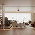 Modern Home Theater Room With Comfortable Sofas Recliner Chairs Glass Partition Wooden Flooring White Curtains