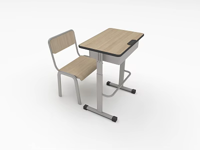 Student Study Desk And Chair Set With Wooden Tabletop And Metal Frame 3d model