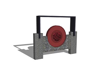 Traditional Scenic Wall Design with Brick Structure and Red Circular Ornament 3d model