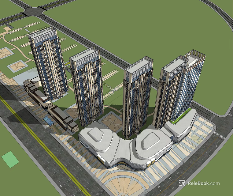 Modern Urban Architectural Rendering With Tall Buildings Central Plaza And Road Layout 3d model 