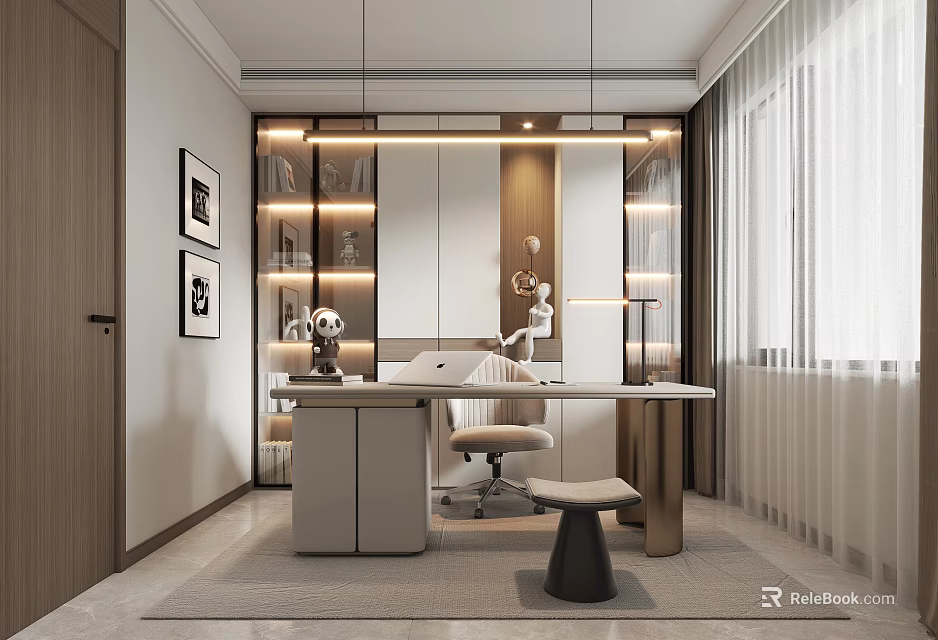 Modern Study Room Interior Design With Open Layout Writing Desk And Bookshelf Lighting 3d model